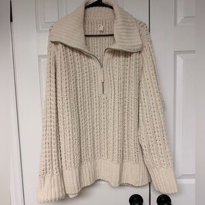 Aerie Cream Cable Knit Chunky Quarter-Zip Cream Sweater Medium